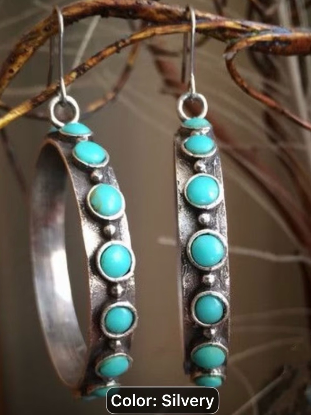 Turquoise inlay Stone Silver Hoop Earrings - Women Jewelry